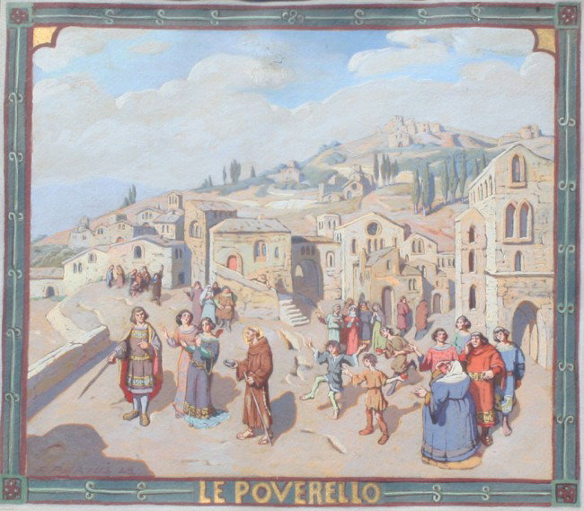 PERTUS LE POVERELLO PAINTING: PERTUS, Ferdinand, (French, 1883-1948): "Le Poverello", depicting a village scene with saint begging for money, Gouache, sight size 9" x 10 1/2", signed lower left, dated 42, titled in lower margin, g