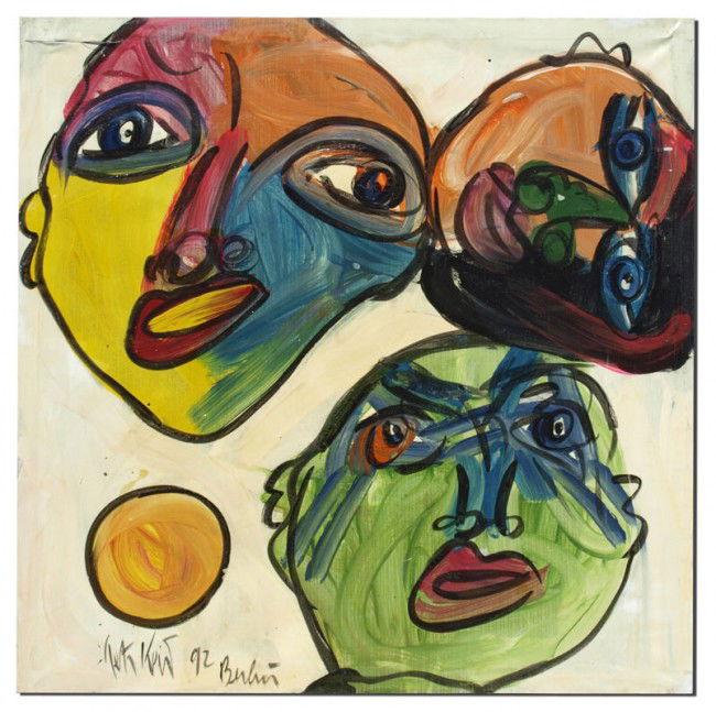 PETER KEIL PAINTING: KEIL, Peter, (German, 1942 - ): ''3 Faces and a Sun'', Oil/Canvas, 48'' x 48'', signed lower left, dated 92 Berlin, unframed.