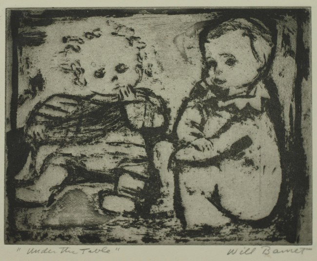 EARLY WILL BARNET UNDER THE TABLE AQUATINT: BARNET, Will, (American, 1911-): "Under The Table", Aquatint, 9 1/4" x 11 5/8" with margins, pencil signed lower right, titled lower left, tipped into matted folder.