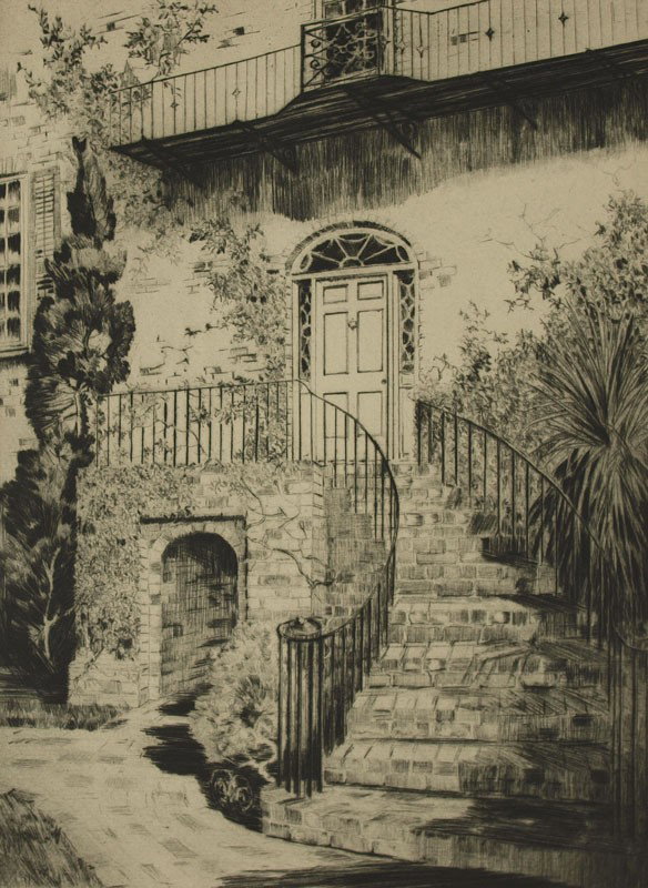 ALFRED HUTTY DOORWAY ON TRADD STREET ETCHING: HUTTY, Alfred, (American, 1877-1954)): ''Doorway on Tradd Street'', Etching, 15'' x 10 3/4'' with margins, pencil signed lower right, framed, 19'' x 15''.
