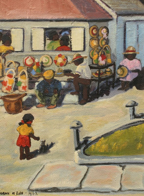 GRACE LAKE FOLK ART PAINTING NASSAU: LAKE, Grace, (American, 20th Century): A Straw Market ''Nassau'', Oil/Masonite, 12'' x 9'', signed lower left, dated 1962, signed titled and dated verso as well, period frame, 14'' x 11''.