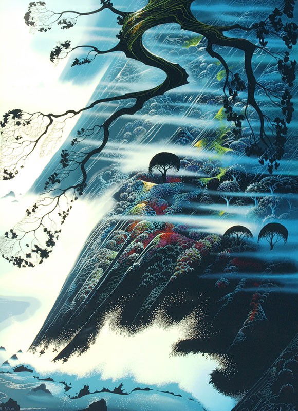 EYVIND EARLE FOG LIGHT SERIGRAPH: EARLE, Eyvind, (American, 1916-): "Fog Light", Serigraph, sight size 39" x 29", signed lower right, numbered lower left (Artist Proof 1/108), encased in exquisite custom gilded frame with a width of o