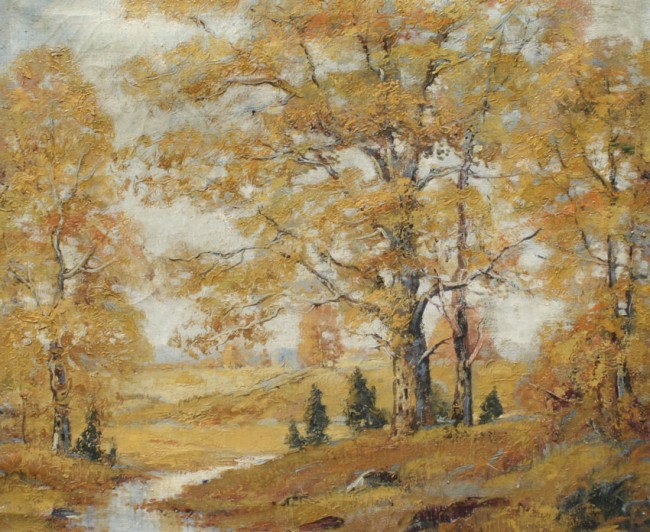 GLENN SWEDLUN AUTUMNAL LANDSCAPE PAINTING: SWEDLUN, Glenn, (American, 1902-1987): Autumnal Landscape, Oil/Canvas, 25'' x 30'', signed, gilded and carved frame, 33'' x 38''.