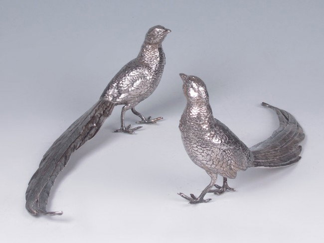PAIR JENNINGS BROTHERS SILVERPLATE TABLE PHEASANTS: PAIR JENNINGS BROTHERS SILVERPLATE TABLE PHEASANTS: Marked JB 2460. 6 1/2" x 15".