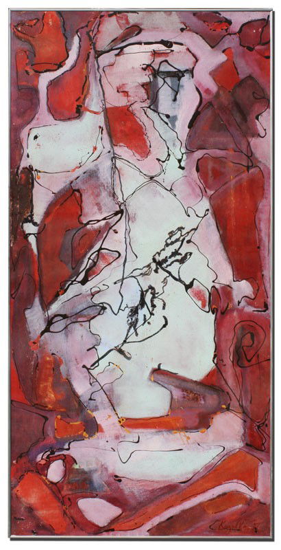 KUZULKA ABSTRACT PAINTING: KUZULKA, Kierstead, (American, 1905-1985): Abstract Composition on Red, Oil/Masonite, 48'' x 24'', signed and dated 51. Studied with Wayman Adams, Robert Henri, John Sloan, and Robert Brackman, to nam