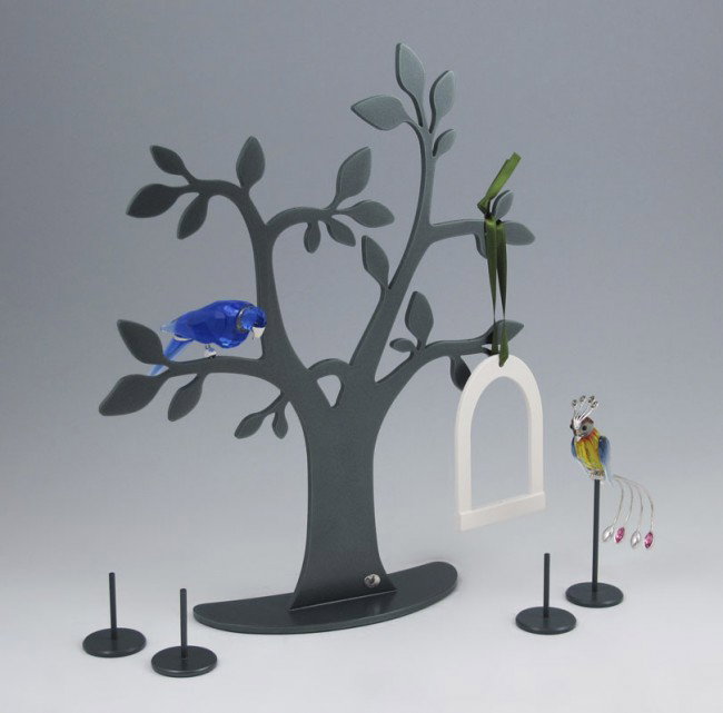 SWAROVSKI CRYSTAL TROPICAL BIRDS AND TREE DISPLAY : SWAROVSKI CRYSTAL FIGURES: 3 pieces to include, BANAMBA 284 064, fire opal bird of paradise, issued 2001 retired 2004, with stand; BALABAC 284 065, sapphire macaw, issued 2001 retired 2004, with stand