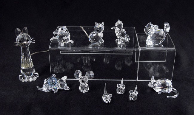 SWAROVSKI CRYSTAL CATS MICE AND RAT : SWAROVSKI CRYSTAL FIGURES: 9 (12) piece to include, LARGE CAT, Max Schreck, issued 1977 retired 1991; MINI CAT, var 2, Max Schreck, issued 1979 retired 2007; KITTEN, lying, aquamarine ball, Heinz Tabe