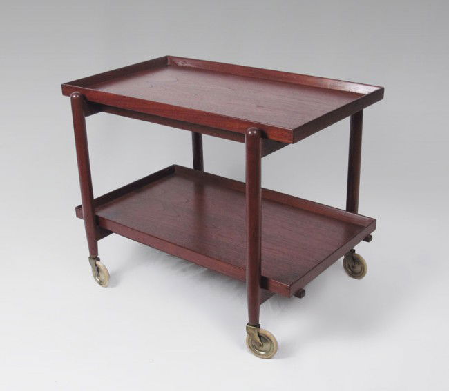 POUL HUNDEVAD SERVING TROLLY CART: POUL HUNDEVAD FOR RAYMOR DANISH MODERN SERVING TROLLEY: Two tier with the upper tier sliding over to make room for the lower tier to be inserted to form a 5 ft long serving cart. Approx. 29" x 20" x 2