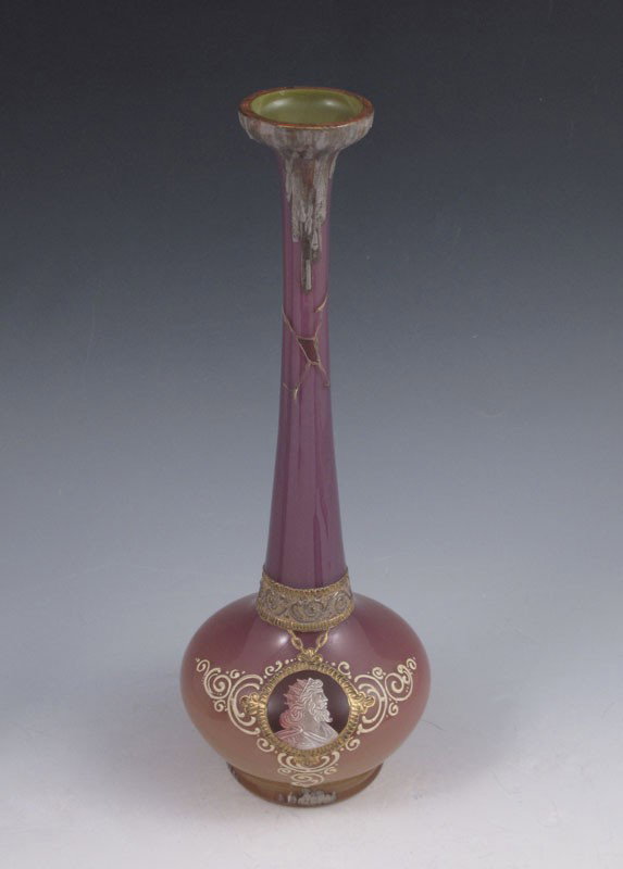 BOHEMIAN ENAMEL OPALINE GLASS PORTRAIT VASE: BOHEMIAN ENAMEL DECORATED OPALINE GLASS PORTRAIT VASE: 11 1/4" tall.