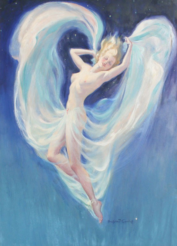OUTSTANDING CRANDELL ILLUSTRATION SALLY RAND DECO : CRANDELL, Bradshaw, (American, 1896-1966): "Sally Rand", mixed media OIL/Board, depicts famous burlesque performer, dancing nude with flowing costume in the deco style, sight size 39" x 29", signed, f