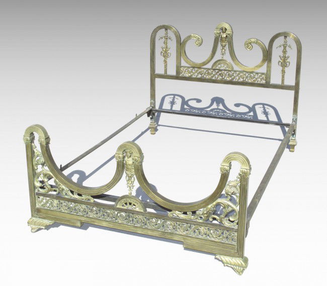 ARGENTINEAN BRASS BED: ARGENTINEAN ART DECO BRASS BED: Headboard 43" h. x 54 3/4", foot board 28 1/2" h.