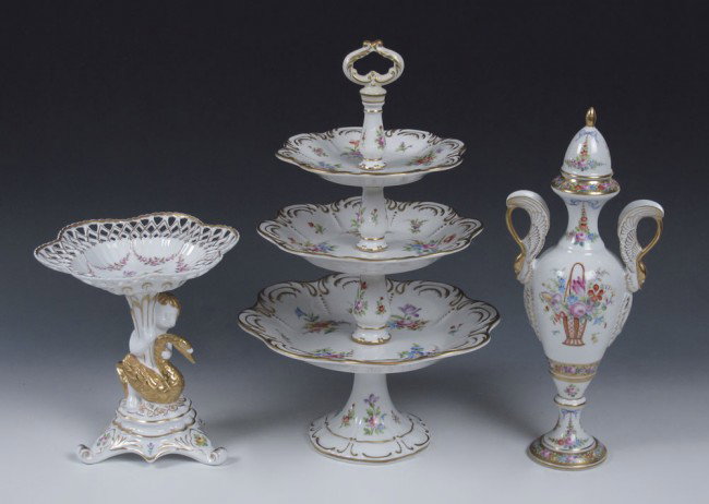 ALFREDO TOLEDANO 3 HAND PAINTED PORCELAINS : 3 PIECE HAND PAINTED PORCELAIN: By Alfredo Toledano Escudero. 1) Bavarian porcelain three tier dessert stand, 16.5'' tall, 10'' dia. at the widest. 2) French Limoges swan handle covered urn, 14.5'' ta