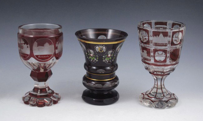 3 EARLY BOHEMIAN RUBY CUT TO CLEAR BEAKERS: 3 EARLY BOHEMIAN RUBY CUT TO CLEAR BEAKERS: 5 1/4 - 6"h