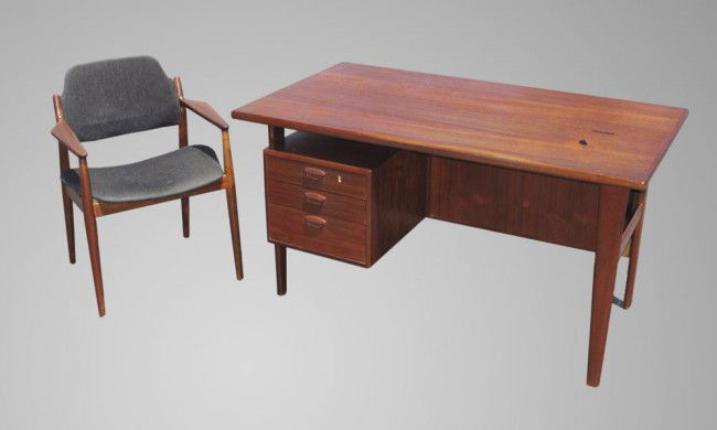 KAI KRISTENSEN DANISH MODERN DESK AND ARNE VODDER: KAI KRISTENSEN DANISH MODERN DESK AND ARNE VODDER CHAIR: 3 drawer desk with 2 cubby holes opposite side. Unmarked as to maker. 31 1/2" h. x 53" x 30 3/4". Sold with Arnie Vodder arm chair, unmarked. 3