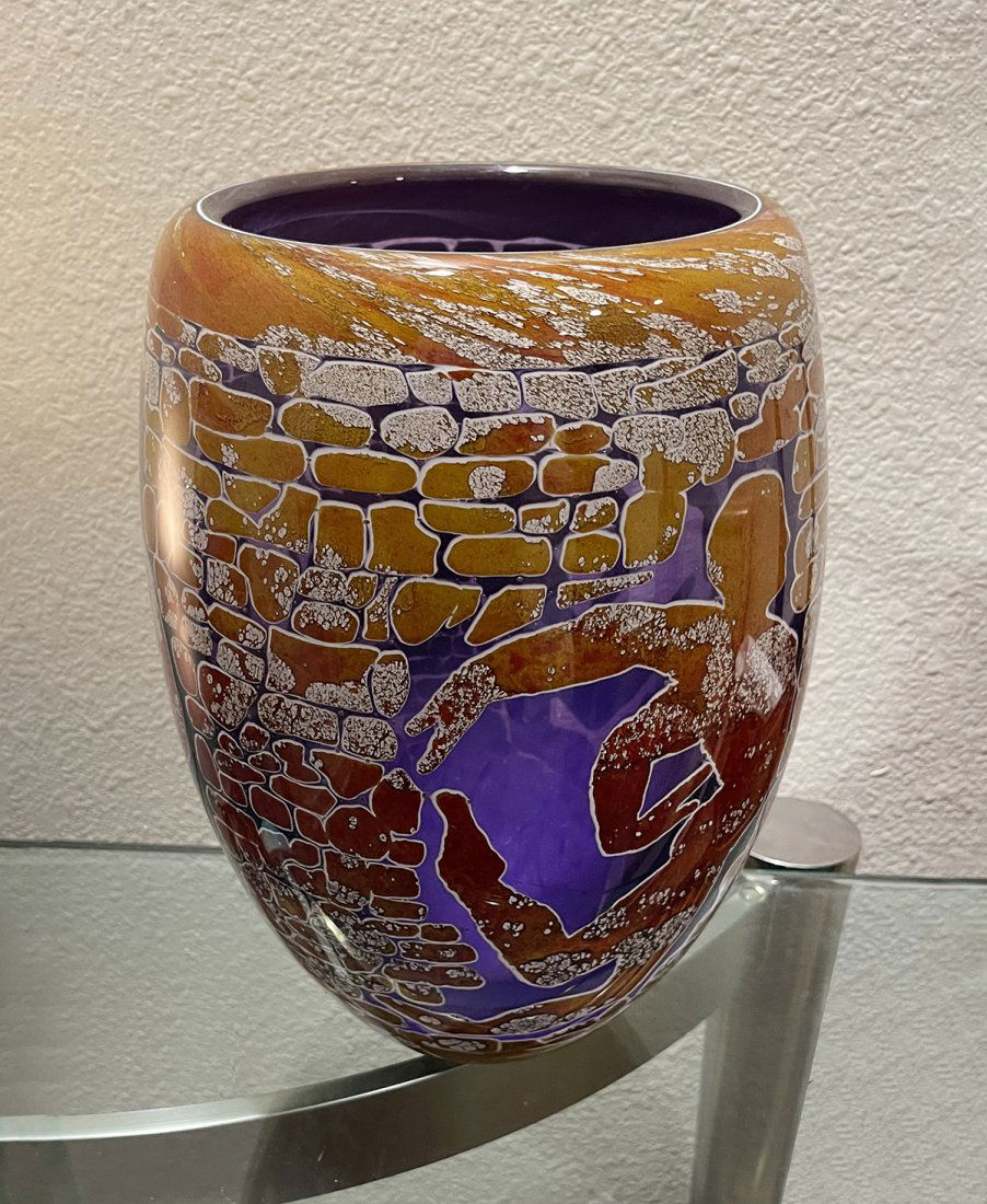 DUNCAN MCCLELLAN ART GLASS VASE: DUNCAN MCCLELLAN ART GLASS VASE: Early Duncan McClellan vase, having a brick motif with a figure breaking through. Etched signature at bottom edge. Approx. 12.5'' h x 8.75'' w.