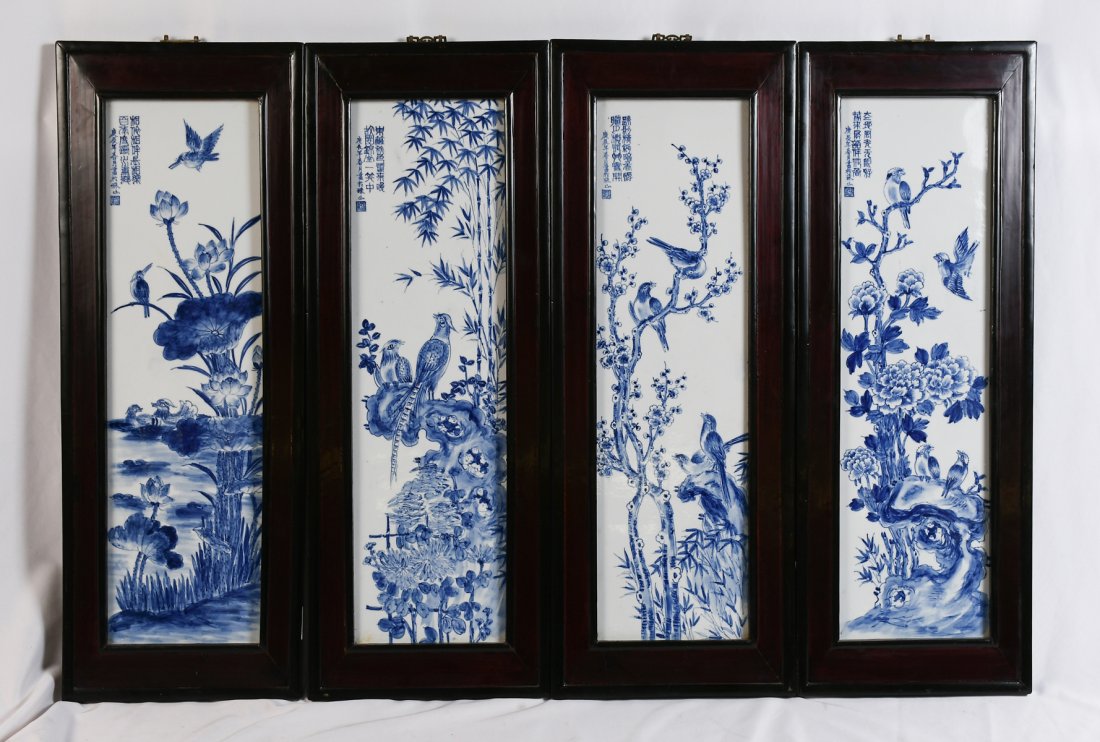 4 FRAMED CHINESE BLUE & WHITE PORCELAIN PANELS (1 of 4)