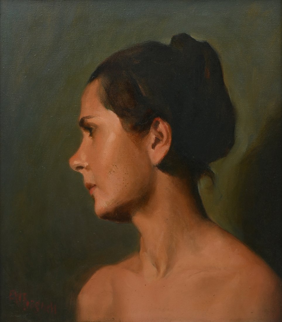 RARE PORTRAIT PAINTING BY E.W. BAGNELL: BAGNELL, Edgar Wirt, (American, 1890-1958): Fine Portrait Profile of a Young Brunette Beauty, Oil/Canvas, 16" x 14", signed lower left, framed, 21.5" x 19.5".