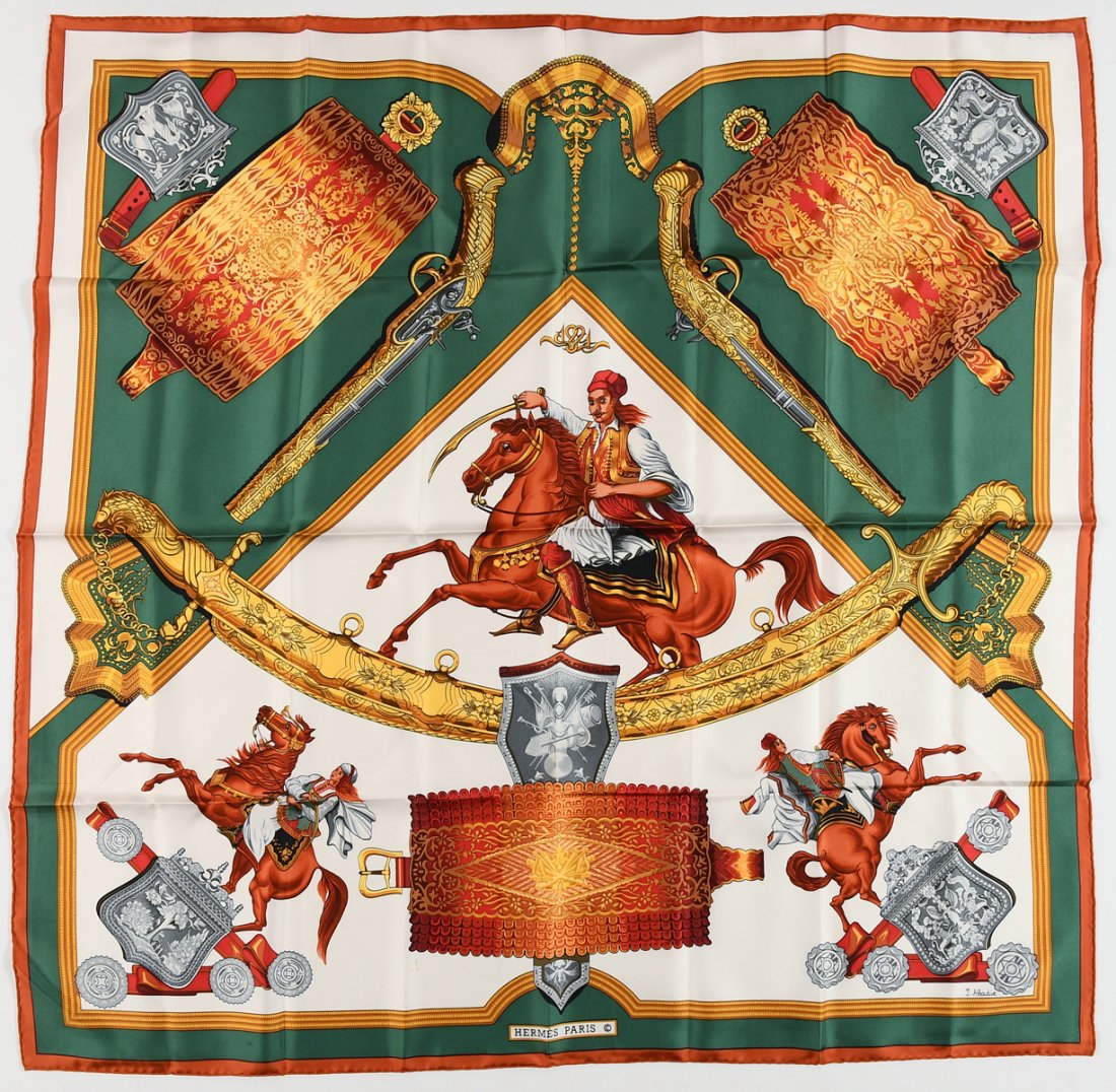 HERMES 1821 SILK J ABADIE SCARF: HERMES 1821 SILK J ABADIE SCARF: Hermes scarf by J Abadie commemorating the French Revolution of 1821. This first edition was made in 1985 without the inscription seen on the later limited edition of