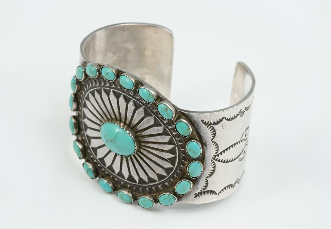 SIGNED NATIVE AMERICAN TURQUOISE & STERLING CUFF BRACELET (1 of 4)