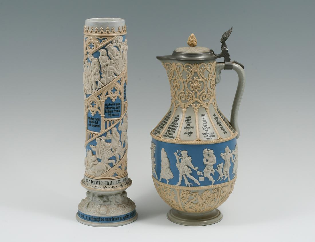 2 PC. VILLEROY & BOCH METTLACH EWER & POKAL: 2 PC. VILLEROY & BOCH METTLACH EWER & POKAL: Comprising; 1- Mettlach #171 Relief 3L. Harvest figures and verses, 1892. 1- Mettlach #168 Pokal, having Gothic spiral drinking scenes. Largest Approx. 15.