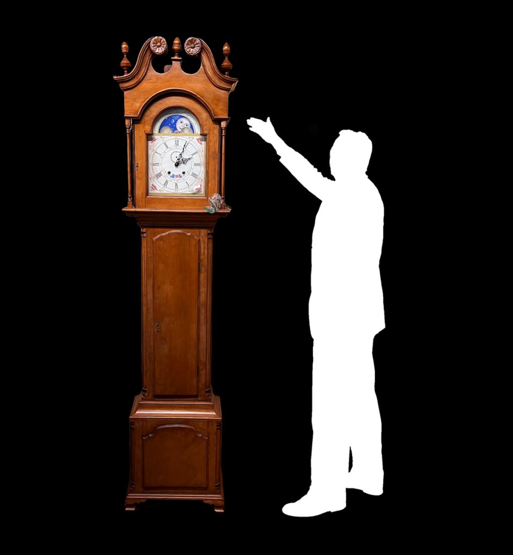 CUSTOM MADE GRANDFATHER CLOCK: CUSTOM MADE GRANDFATHER CLOCK: By Pastor John Holland, 1994. Signed & dated at interior. Eight day movement with No second hand. Decorated metal dial with faux Moon dial. Bonnet has a scrolling pedime