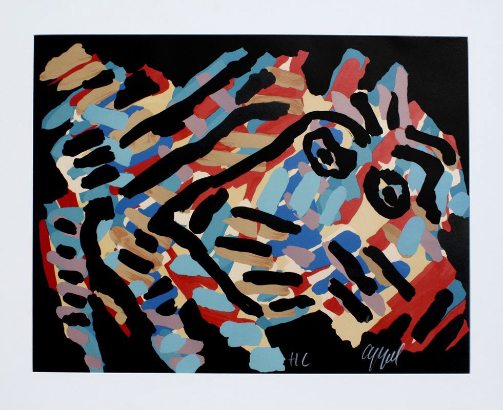 KAREL APPEL BLACK STRIPED CAT LITHOGRAPH: APPEL, Karel, (Dutch, 1921-2006): "Black-Eyed Animal", Lithograph, sight size 21" x 28", signed lower right and marked 'H.C.', titled verso, metal frame with wear, 27 1/2" x 35".