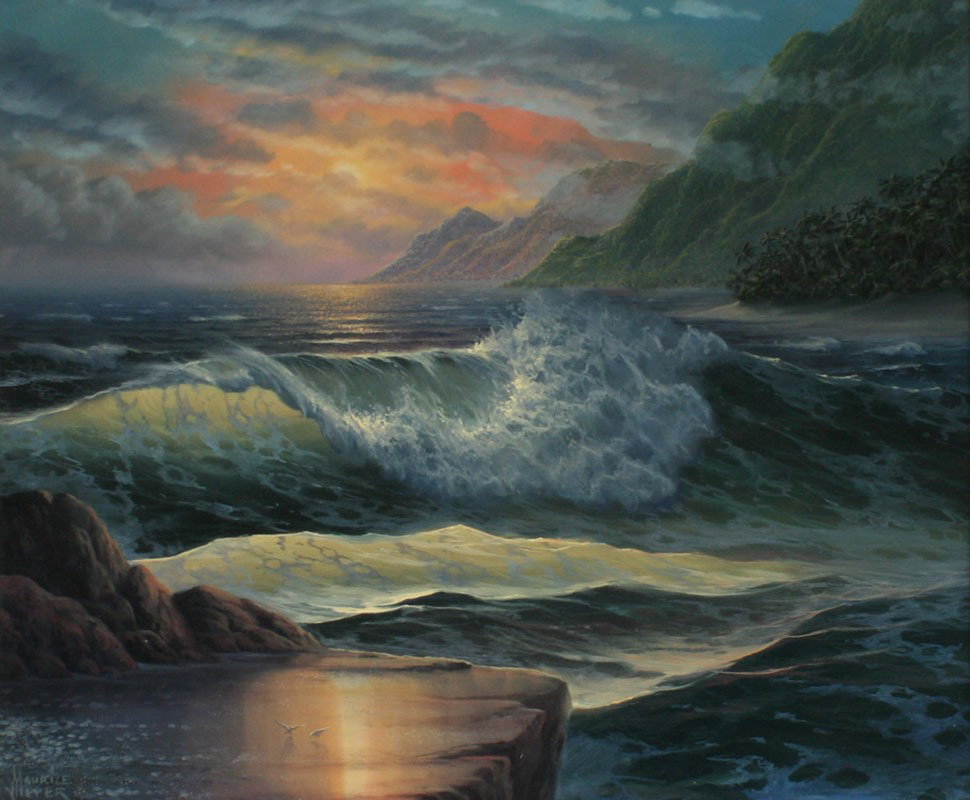 MAURICE MEYER MAUI TWILIGHT PAINTING: MEYER, Maurice, (American, 1917-: "Maui Twilight", Oil/Masonite, 16" x 20", signed lower left, custom lacquer frame, 27" x 31 1/2", titled verso.