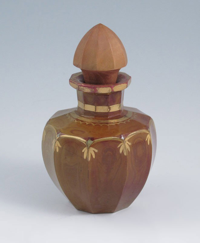 EGERMANN HYALITH BOHEMIAN GLASS PERFUME BOTTLE 4': FRIEDRICH EGARMANN HYALITH GLASS PERFUME BOTTLE: Woodgrain effect glass with wood stopper, 4''.