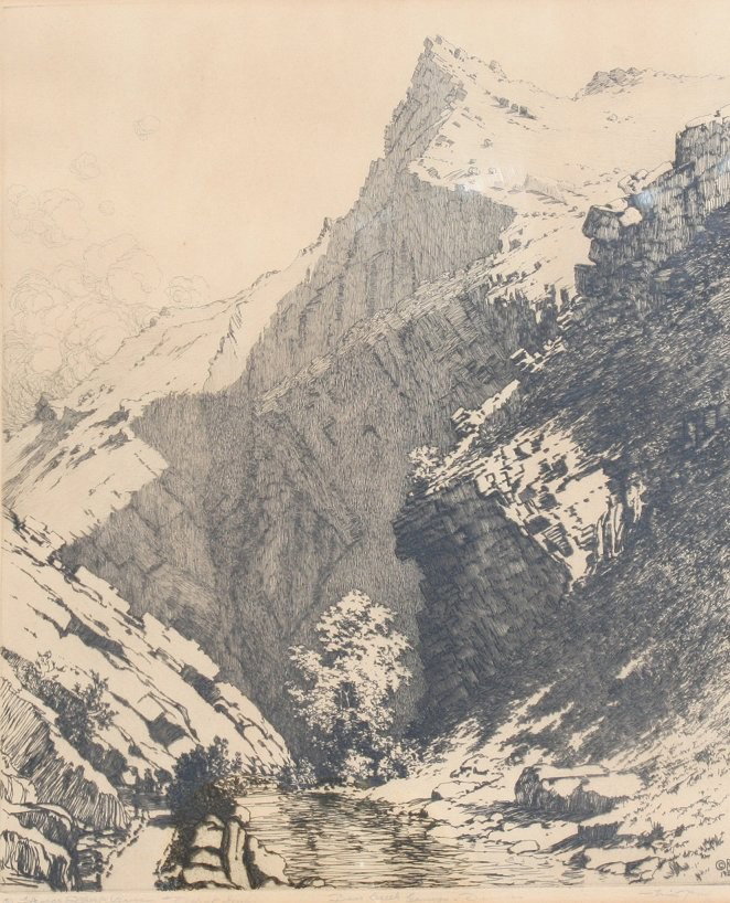 GEORGE ELBERT BURR DENVER ETCHING 1922: BURR, George Elbert, (American 1859 - 1939): ''Bear Creek Canyon-Denver'', Trial Proof Etching, sight size 12 1/2'' x 10 1/8'', pencil signed, titled in the margin, monogrammed and dated 1922 in plate