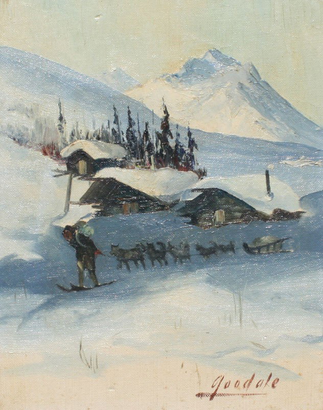 ELLEN GOODALE SLEIGH PAINTING ALASKA: GOODALE, Ellen, (American, 1915-1991): Sled Dog Team in a Snowy Landscape, Oil/Canvas Board, 10" x 8", signed lower right, framed, 13" x 10 3/4".