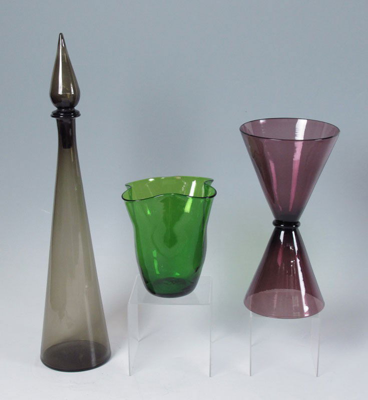 3 PIECE BLENKO GLASS: 3 PIECE BLENKO GLASS: Green vase 8 1/4" h. x 8 1/4", purple double cone 14" x 7 1/4", tall bottle with brown glass stopper, 26" h..