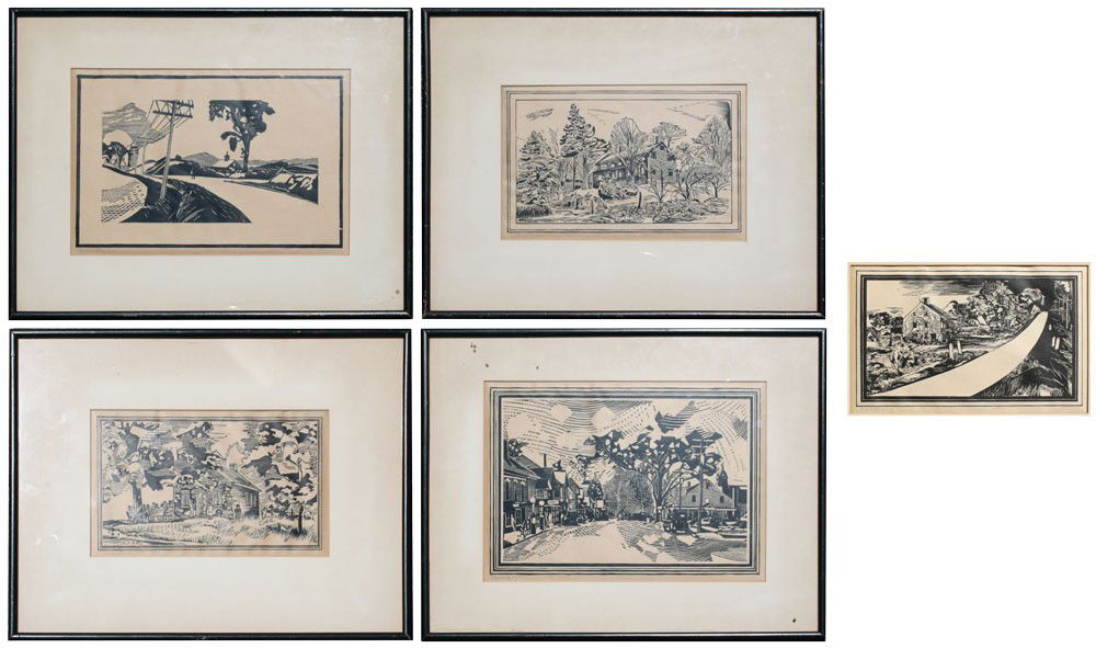 5 FISKE BOYD WOODBLOCKS: BOYD, Fiske, (American, 1895-1975): 5 PIECE LOT OF WOODBLOCKS TO INCLUDE: 1) Landscape With House By a Road, 10 1/8" x 14 1/2" with margins, pencil signed lower left, unframed, affixed to mat, 14" x 1