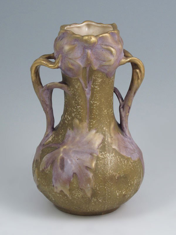 RIESSER & KESSEL TURN TEPLITZ AMPHORA VASE: RIESSER & KESSEL TURN TEPLITZ AMPHORA VASE: Ca. 1905-1910. Impressed crown and Amphora mark, iridized finish, 7 1/2"h.