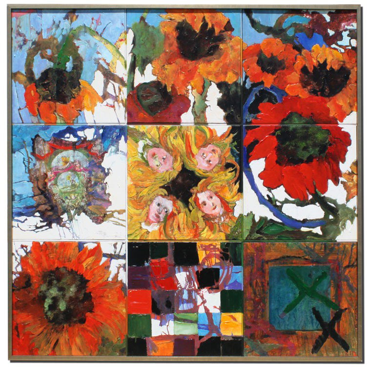 PATRICIA NIX FLOWERS IN THE SUN 11/50: NIX, Patricia, (American, 20th C.): "Flowers in the Sun", Mixed Media Nine individually printed and stretched canvases, fitted into a wooden framework, the entirety heavily hand embellished, signed an