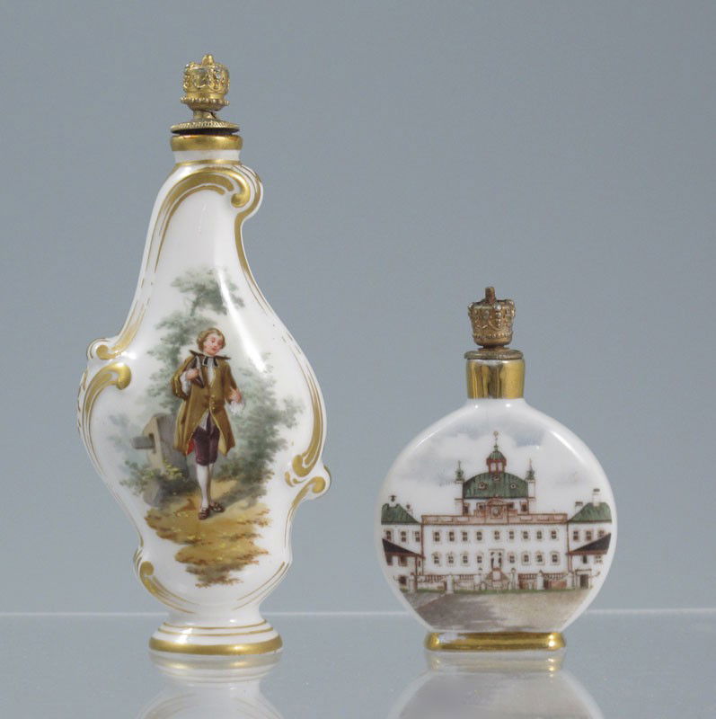 2 PORCELAIN SCENT BOTTLES INCLUDE KPM: 2 PORCELAIN SCENT BOTTLES INCLUDE KPM: 1) Signed KPM bottle, parcel gilt, handpainted floral and figure verso. 4 1/2" tall. Tiny flecks on the underside. 2) Round bottle, hallmarked with red S, 2 1/2"