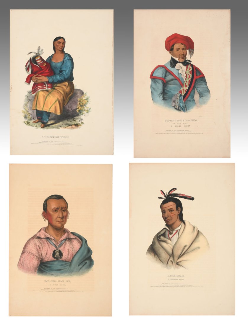 FOUR UNFRAMED MCKENNEY & HALL NATIVE AMERICAN PRINTS: FOUR UNFRAMED MCKENNEY & HALL NATIVE AMERICAN PRINTS: 1) A-Chippewa-Widow; 2) A-Mis-Quam, a Winnebago Brave; 3) Wat-Che-Mon-Me, an Ioway Chief; 4) Tustennuggee Emathla or Jim Boy, a Creek Chief. All m