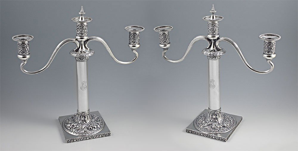 PAIR 3 LIGHT TIFFANY & CO. STERLING CANDELABRUM: TIFFANY & CO. STERLING 3 LIGHT CANDELABRA: Floral repousse holders, collar, base and trim around base with fluted branches. Well marked Tiffany & Co. Makers 13488 4360 Sterling Silver 925-1000 M with