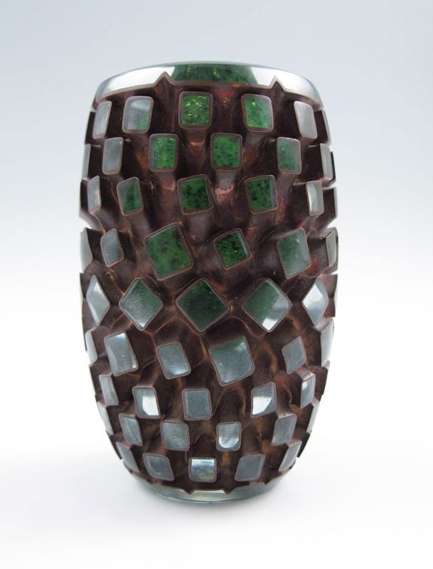 MICHAEL GLANCY ART GLASS: GLANCY, Michael, (American 1950- ): Art Glass ''Beans Hand Heater'', green with copper, signed MG. 3'' tall.