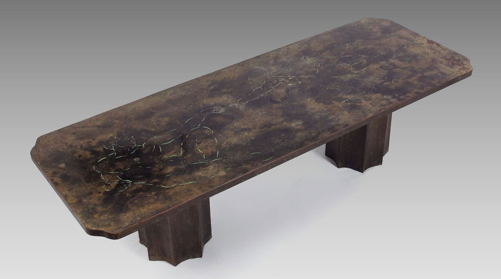 PHILLIP KELVIN LAVERNE MICHELANGELO COFFEE TABLE: PHILLIP AND KELVIN LAVERNE MICHELANGELO COFFEE TABLE: Bronze clad coffee table with scene of Michelangelo's ''Creation of Adam'' from the Sistine Chapel engraved on top. Signed Phillip - Kelvin Lavern