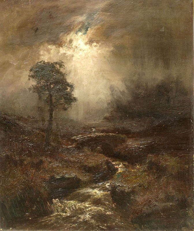 WILLIAM A. GIBSON MOONLIT RIVER LANDSCAPE PAINTING: GIBSON, William Alfred, (Scottish, 1866-1931): A Foggy Moonlit Scottish Landscape With Stone Bridge and Rushing Stream, Oil/Canvas, 24" x 20", no visible signature, early label affixed verso indicatin
