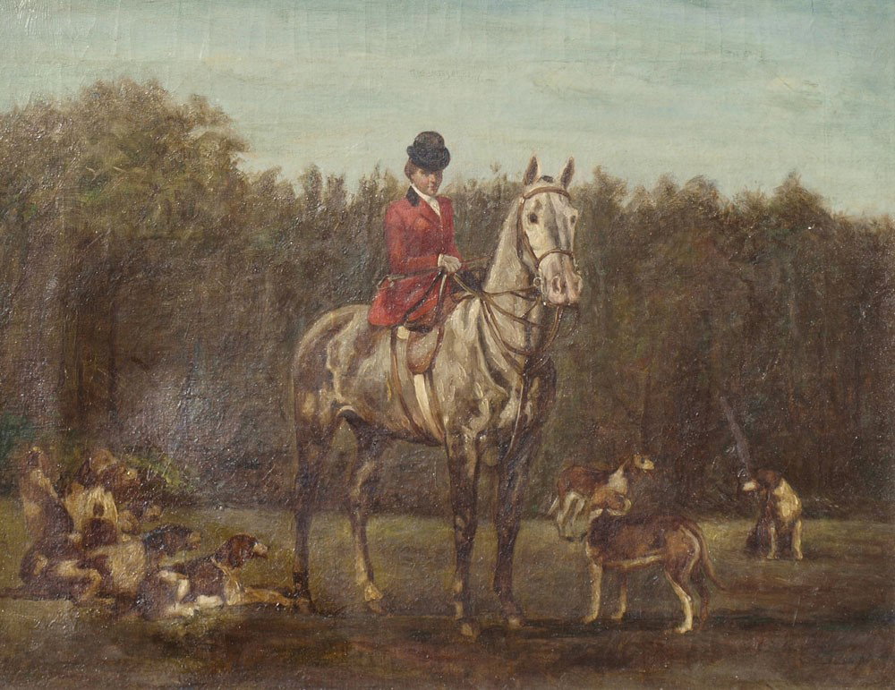E. BUONO FOX HUNT PAINTING: FEMALE FOX HUNT RIDER ON HORSE BACK WITH HOUNDS AT REST IN THE LANDSCAPE SIGNED E. BUONO: Oil/Canvas, 14" x 18", signed lower left, gilded gesso frame with over paint and minor wear, 19 1/2" x 23 1/2"