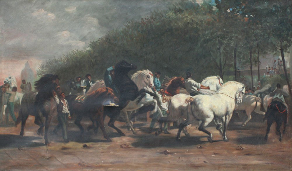 LARGE OIL/CANVAS AFTER ROSA BONHEUR'S ''HORSE FAIR: LARGE EARLY 20TH C. OIL/CANVAS AFTER ROSA BONHEUR'S "HORSE FAIR": 30" x 50", painted wood frame with wear, 37" x 57".