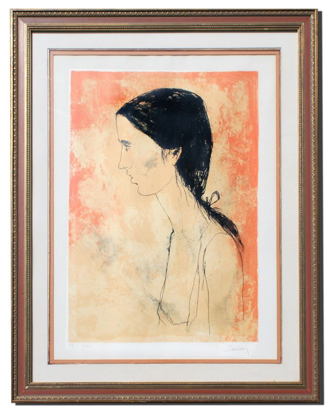 JEAN JANSEM FEMALE PROFILE LITHOGRAPH: JANSEM, Jean, (French, 1920-): Profile Of A Young Female, Lithograph, sight size 23'' x 18'', pencil signed lower right, marked 'EA', numbered 3 of 20 lower left, custom framing, 30'' x 24 1/2''.