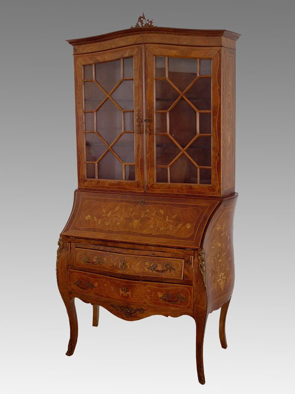 DUTCH MARQUETRY SECRETARY DESK: DUTCH MARQUETRY SECRETARY DESK: Profuse floral and string inlay with ormolu accents and finial. 2 door glass front top with 2 wood shelves, over fall front desk with pigeon holes and 4 drawers. 2 full