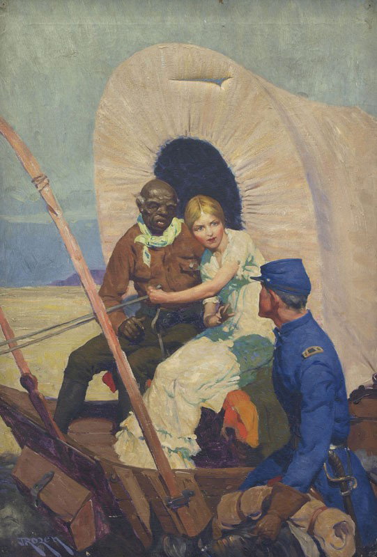 JEROME ROZEN WESTERN ILLUSTRATION: ROZEN, Jerome, (American, 1895-1987): Western Scene With Negro Hand, Young White Female And Union Soldier On Horseback, Oil/Canvas, 30'' x 21'', signed lower left, period wooden frame with wear, 34'' 