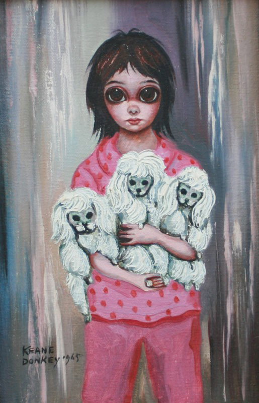 KEANE PAINTING OF YOUNG CHILD: KEANE, Margaret, (American, 20th C.): Young Child Holding Three Poodle Puppies, Oil/Canvas Mounted to Board, 11'' x 7'', signed lower left 'Keen Donkey', dated 1965, custom framed 17 1/2'' x 12 1/2''.