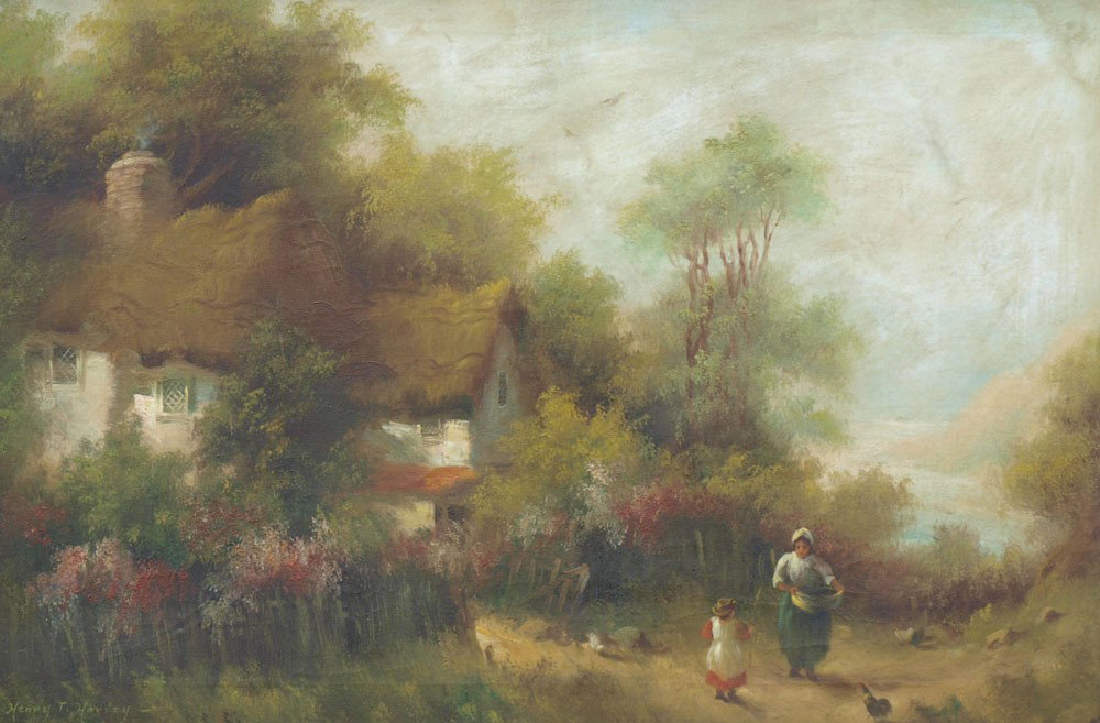 HENRY T. HARVEY LANDSCAPE PAINTING: HARVEY, Henry T., (British, 20th C.: "The Cottagers", Mother and Child in a Landscape, Oil/Canvas, 24" x 36", signed lower left, Labeled verso, gilded frame with wear, 28 1/2" x 40 1/2".