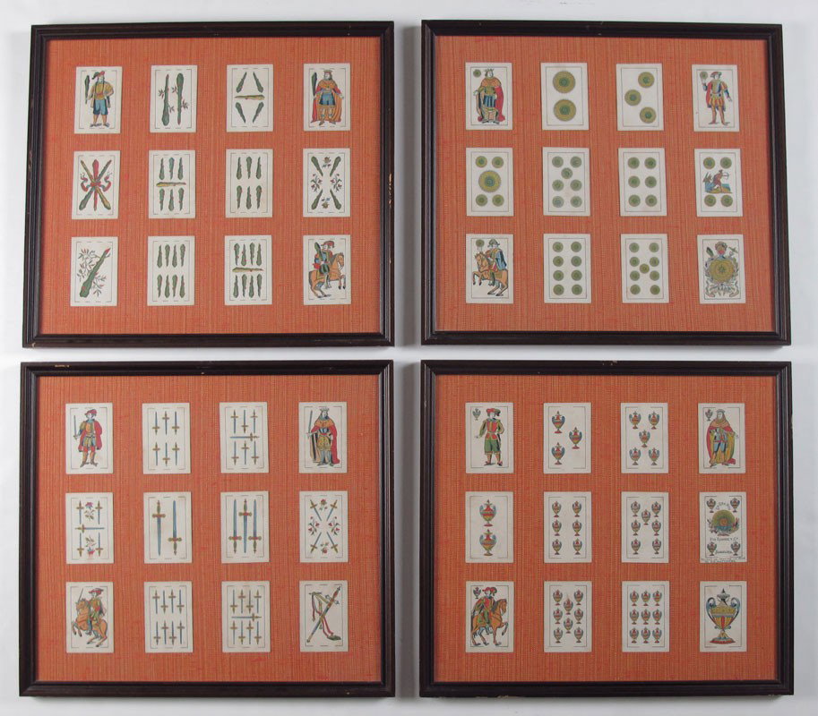 VINTAGE PLAYING CARDS FRAMED: 4 FRAMED PLAYING CARD COLLECTION: In the Modern Spanish Catalan pattern, reputedly purchased 1868 in Mexico, Made by Ramirez in Barcelona, each frame holds 12 cards. Each frame measures 17" x 19".