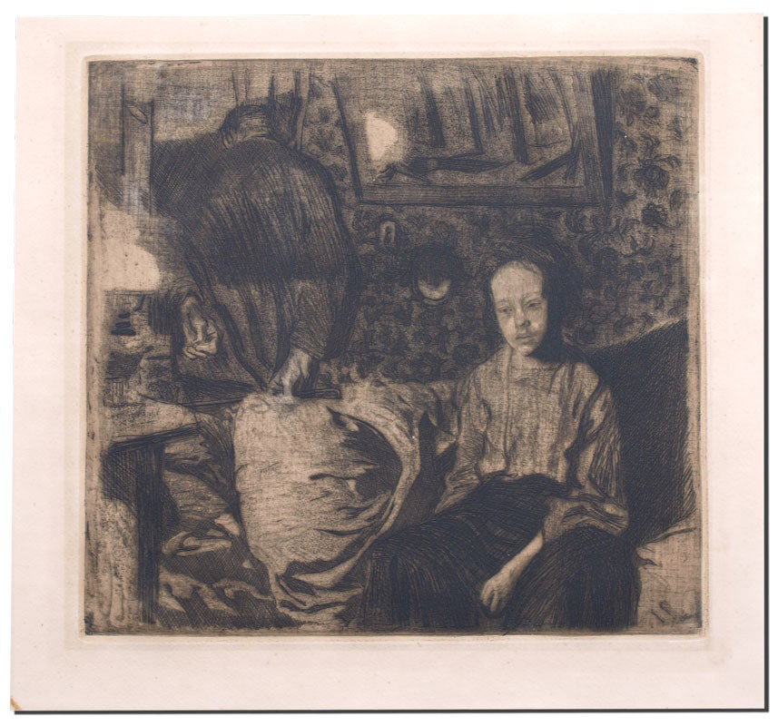 KOLLWITZ ETCHING: KOLLWITZ, Kathe, (German, 1867-1945): "Junges Paar", Etching, 14" x 15" with margins, inscribed in the plate "Orig Rad von Kate Kollwitz" (lower left), "Druck v O. Felsing, Berlin Chlitbg" (lower righ