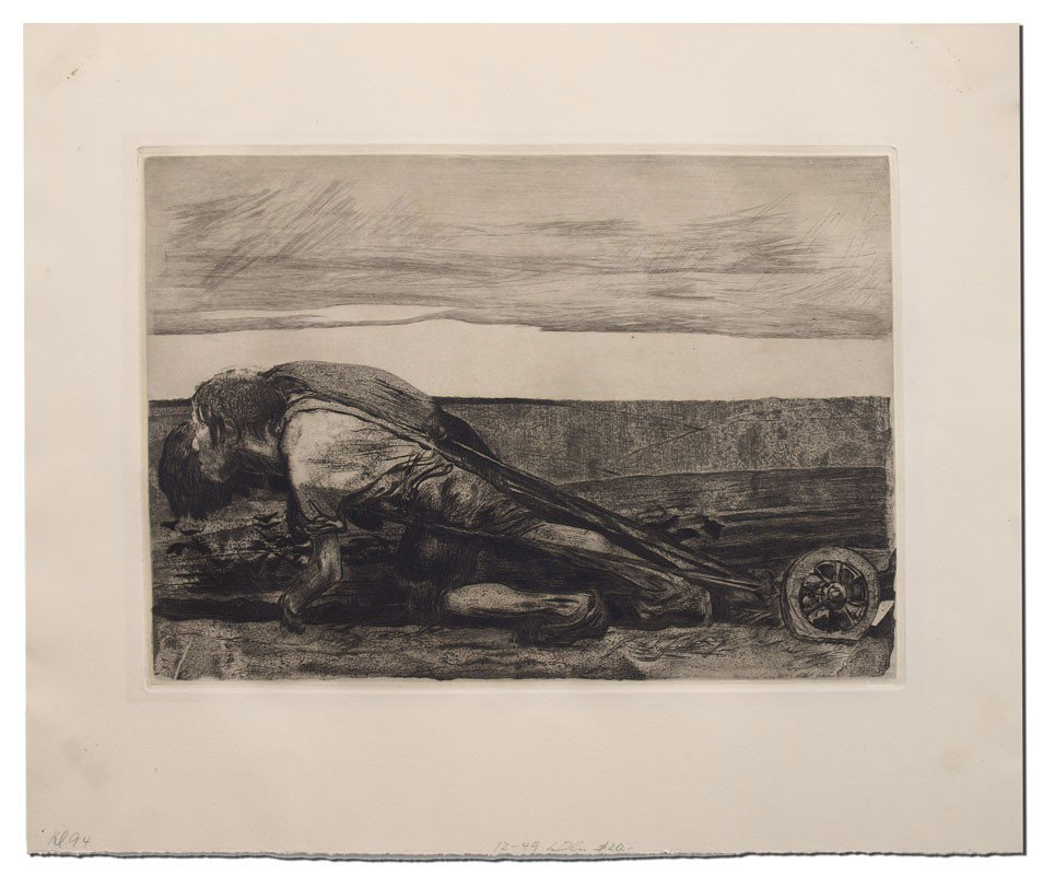 KATHE KOLLWITZ ETCHING: KOLLWITZ, Kathe, (German, 1867-1945): Die Pfluger from Bauernkreig, plate 1 After 1945 with Von der Becke blindstamp, Etching and aquatint, 19 1/2" x 23 1/2" with margins, [Klipstein 94 IX/IX b), Berl